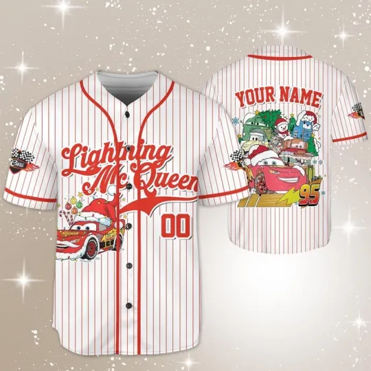 Discover Personalized Lightning McQueen & Friends Santa Hat Xmas Baseball Jersey Shirt