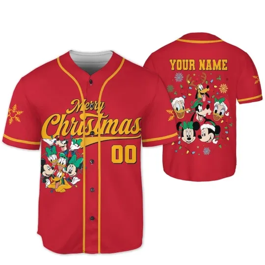 Discover Personalized Mickey & Friends Xmas Lights Joy To The World Baseball Jersey Shirt