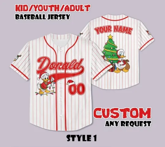 Discover Personalized Merry Christmas Donald Duck With Pine Tree Baseball Jersey Shirt