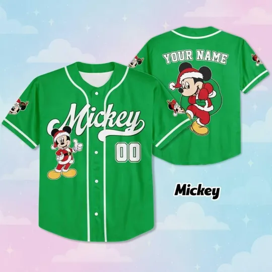 Discover Personalized Mickey Vs Friends Merry Christmas Green Theme Baseball Jersey Shirt