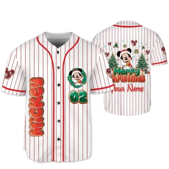Discover Personalized Cute Mickey Merry Christmas Holiday Season Baseball Jersey Shirt