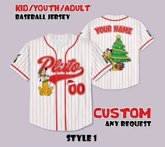 Discover Personalized Merry Christmas Pluto Dog With Pine Tree Baseball Jersey Shirt