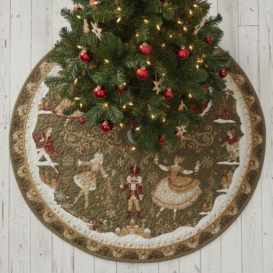 Nutcracker Ballet Christmas Tree Skirt, Vintage Quilted Holiday Skirt with Dancers and Snow Scene, Classic Christmas Decor