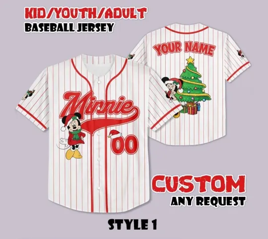 Discover Personalized Merry Christmas Minnie Mouse With Pine Tree Baseball Jersey Shirt