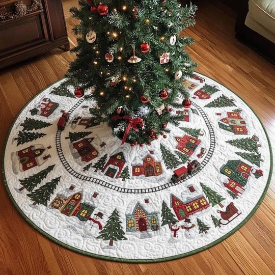 Discover Christmas Village Tree Skirt, Winter Town Xmas Tree Skirt, Snow Scene Holiday Decor, Family Christmas Decoration,Gift Idea Christmas Village