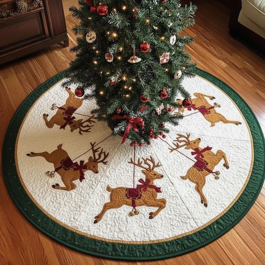 Discover Reindeer Christmas Tree Skirt, Flying Reindeer Xmas Tree Skirt, Cozy Holiday Home Decor, Family Christmas Decoration Gift Christmas Skirt