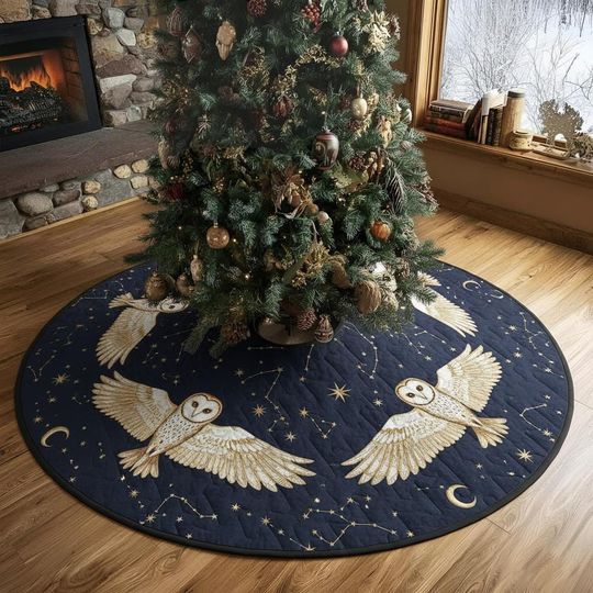 Discover Celestial Owl Christmas Tree Skirt, Dark Blue & Gold Starry Night Xmas Decor, Elegant Winter Holiday Tree Skirt