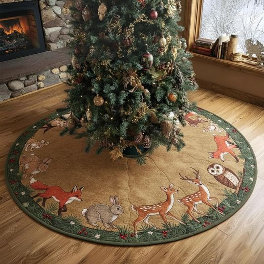 Discover Woodland Creatures Parade Christmas Tree Skirt, Rustic Deer Fox Rabbit Owl Decor, Quilted Cabin Core Xmas Tree Skirt, Forest Home Gift