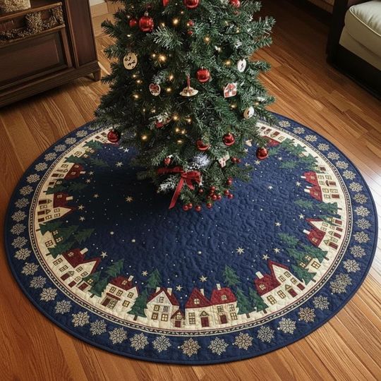 Discover Christmas Eve Village Quilted Tree Skirt, Cozy Snow Town Navy Blue Holiday Decor, Round Xmas Mat