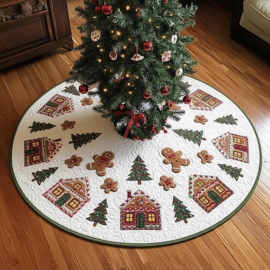 Discover Gingerbread Market Village Tree Skirt, Candy Quilted Christmas Decor, Sweet House Holiday Home Decoration, Red & White Kitchen