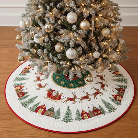 Discover Santa Sleigh and Village Christmas Tree Skirt, White Quilted Holiday Skirt with Reindeer and Houses, Classic Christmas Decor