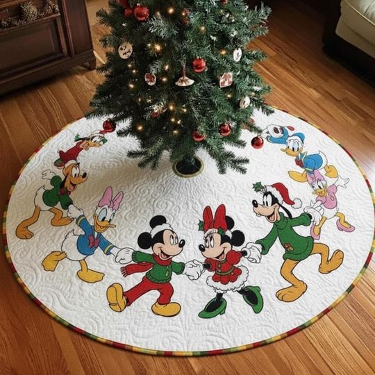 Discover Mouse and Friends Christmas Tree Skirt, Quilted White Holiday Mat with Classic Cartoon Characters, Fun Family Xmas Decor Mouse and Friends