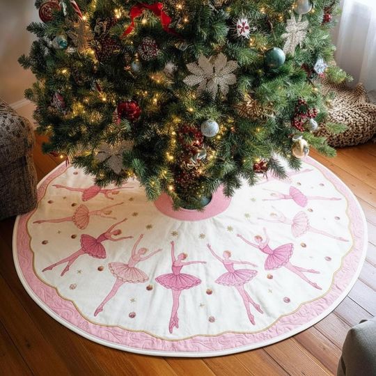 Discover Sugar Plum Ballerina Christmas Tree Skirt, Pink White Quilted Dancer Decor, Elegant Ballet Themed Xmas Tree Skirt, Child's Gift Idea