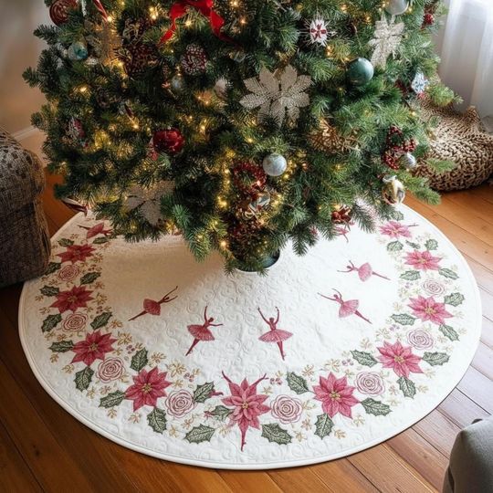 Discover Enchanted Floral Waltz Christmas Tree Skirt, Pink Ballerina and Poinsettia Xmas Decor, Quilted Holiday Decoration