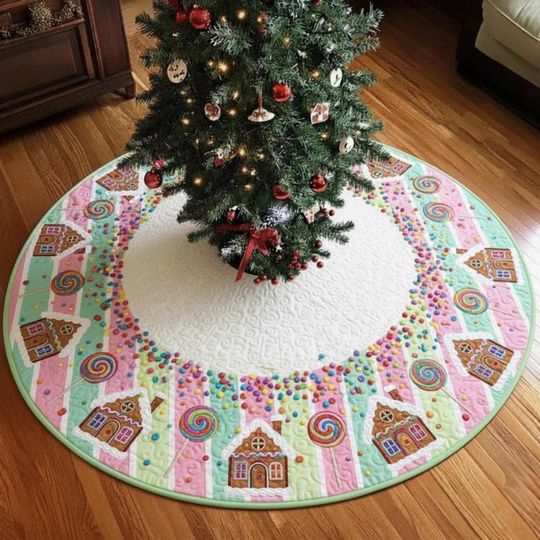 Candy Land Gingerbread House Quilted Tree Skirt, Pastel Sweet Treats Holiday Decor, Round Xmas Mat