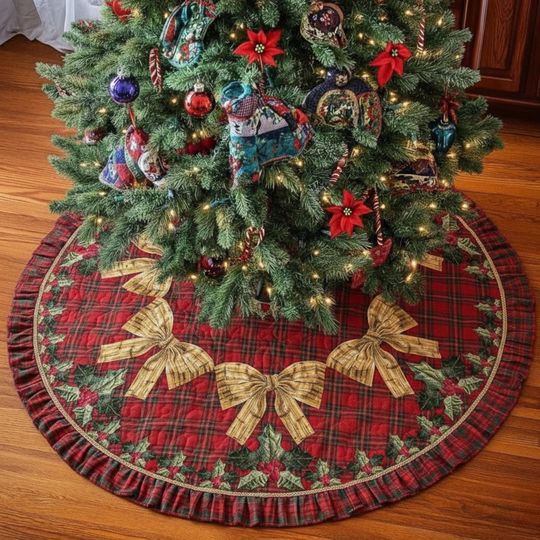 Discover Red Plaid Christmas Tree Skirt Holly Wreath Gold Bow Applique, Traditional Quilted Holiday Decor, Classic Xmas Tree Skirt