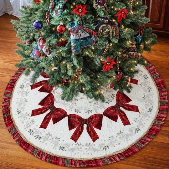 Discover Classic Christmas Red Bows Tree Skirt, White Quilted Reindeer Detail & Plaid Ruffle Border, Elegant Holiday Home Decor
