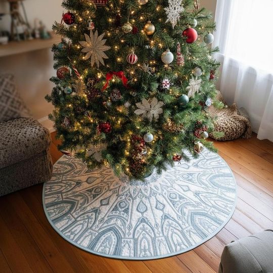 Discover Winter Palace Festoon Christmas Tree Skirt, Dusty Blue & White Quilted Scalloped Design, Elegant Holiday Decor, Cozy Xmas Skirt