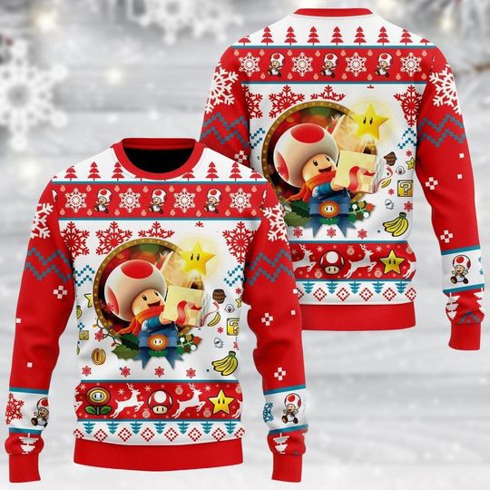 Nintendo Toad & Mario Christmas Sweater, Men’s Vintage 3D Ugly Holiday Sweatshirt, Xmas Holiday Gift