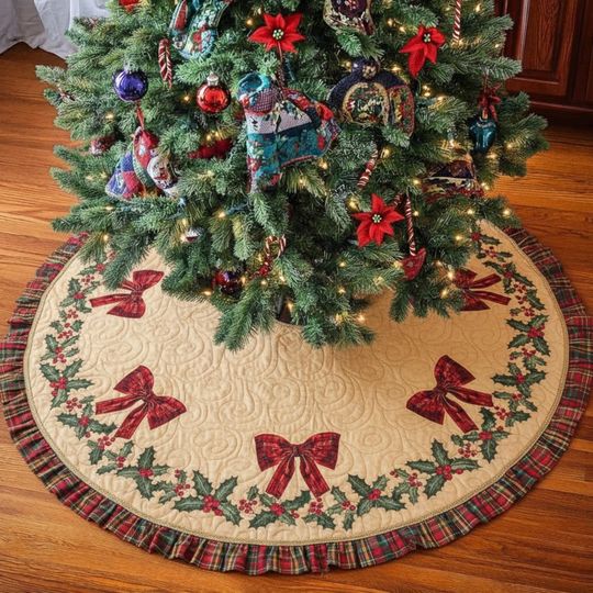 Discover Tan Christmas Tree Skirt Holly Wreath Red Plaid Bow Applique, Traditional Quilted Holiday Decor, Neutral Xmas Tree Skirt