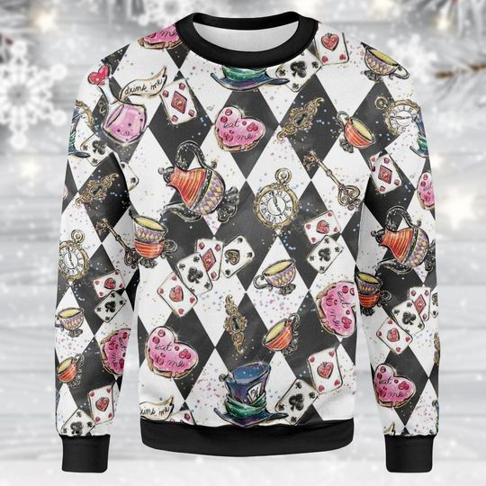 Alice in Wonderland Ugly Christmas Sweater, Vintage Mad Hatter Sweater, Women Fantasy Holiday Sweatshirt