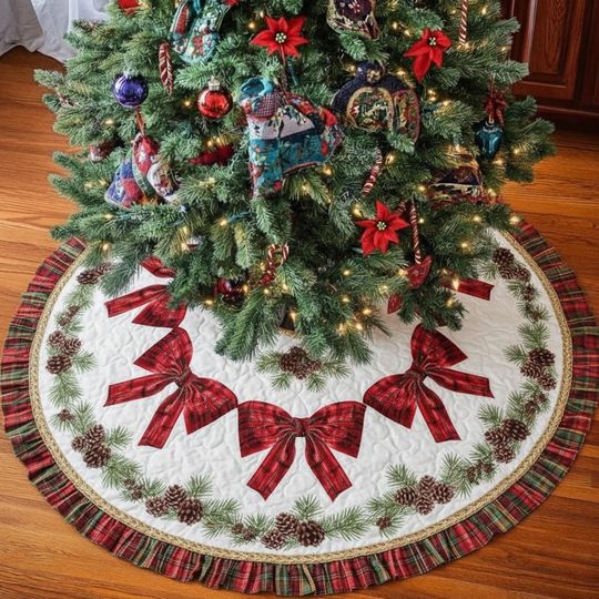 Discover Quilted Christmas Tree Skirt White Plaid Bows Pinecone Wreath, Red Green Holiday Decor, Rustic Xmas Tree Skirt