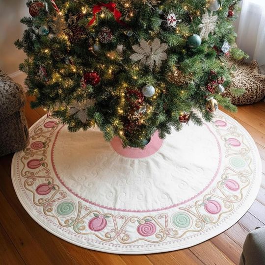 Discover Land of Sweets Jubilee Christmas Tree Skirt, Pink and Mint Green Candy Cane Decor, Quilted Holiday Dessert Theme, Pastel Xmas