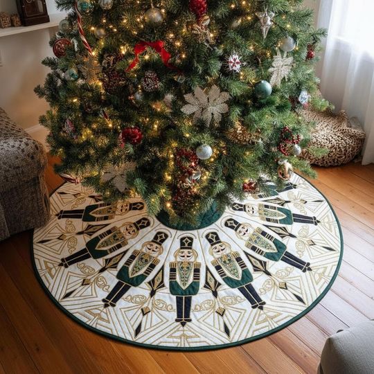 Discover Gilded Nutcracker Ball Christmas Tree Skirt, Art Deco Green & Gold Pattern, Elegant Holiday Decoration, Luxury Xmas Decor Gift
