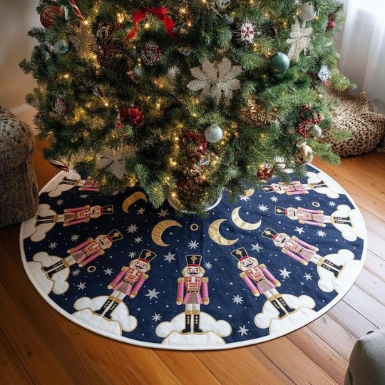 Nutcracker Celestial Dream Christmas Tree Skirt, Pink & Blue Starry Night Quilted Decor, Fantasy Ballet Xmas Tree Skirt, Child's Gift