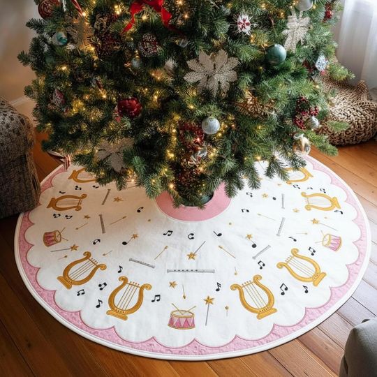 Discover Nutcracker Sweet Symphony Christmas Tree Skirt, Musical Instrument Harp Drum Decor, Pink White Quilted Xmas Tree Skirt, Elegant Ballet Gift
