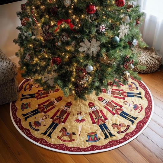 Discover The Toymaker's Nutcracker Dream Christmas Tree Skirt, Gold and Red Holiday Decor, Ballerina and Drum Xmas Decoration