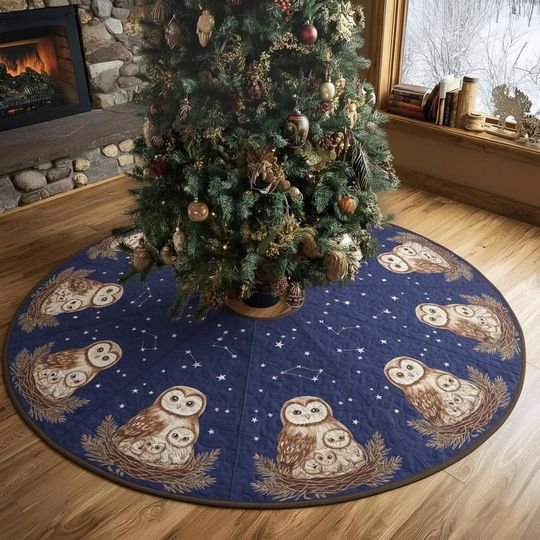 Owl Family Nocturne Christmas Tree Skirt, Navy Blue Starry Night Quilted Decor, Wildlife Nesting Owls Xmas Tree Skirt, Cabin Home Gift