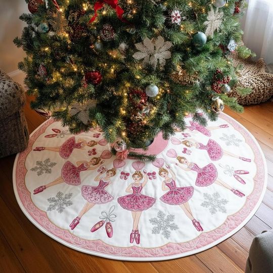 Discover Pink Ballerinas Pirouette Christmas Tree Skirt, Snowflake Ballet Slipper Quilted Decor, Child's Pink Xmas Tree Skirt, Elegant Dance Gift