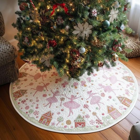 Discover Sugar Plum Fairy's Garden Christmas Tree Skirt, Pink Gingerbread House Candy Decor, Whimsical Ballet Xmas Tree Skirt, Child's Gift Idea
