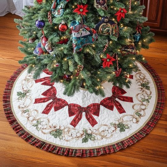Discover White Cotton Wreath Christmas Tree Skirt with Red Plaid Bows, Farmhouse Holiday Decor, Quilted Xmas Tree Skirt