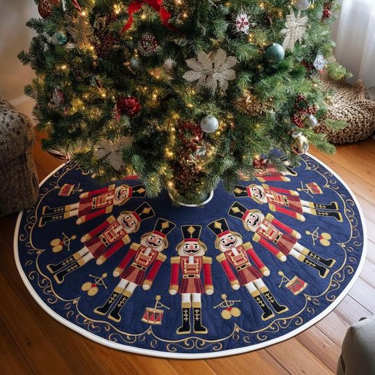 Regal Nutcracker March Christmas Tree Skirt, Navy Blue & Red Toy Soldier Theme, Holiday Nutcracker Decor, Classic Xmas Gift