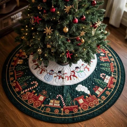 Discover Retro Toy Train Wonderland Tree Skirt, Xmas Gift, Green Quilted Christmas Decor, Vintage Style Engine & Presents Holiday Skirt