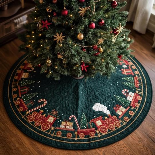 Discover Retro Toy Train Wonderland Tree Skirt, Green Quilted Christmas Decor, Vintage Style Engine & Presents Holiday Skirt, Xmas Gift