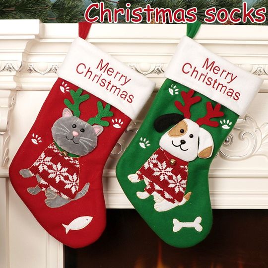 1PC Christmas Socks Cute Cartoon Cat and Dog Socks Gift Bags Christmas Tree Pendants Home Christmas Atmosphere Decorations