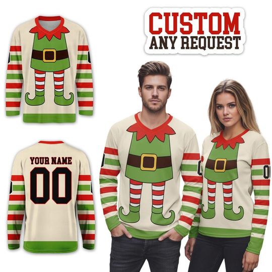 Funny Costume E.lf Character Christmas Movie Theme Ice Hockey Vneck Jersey, Custom Xmas Gift For Boys and Family