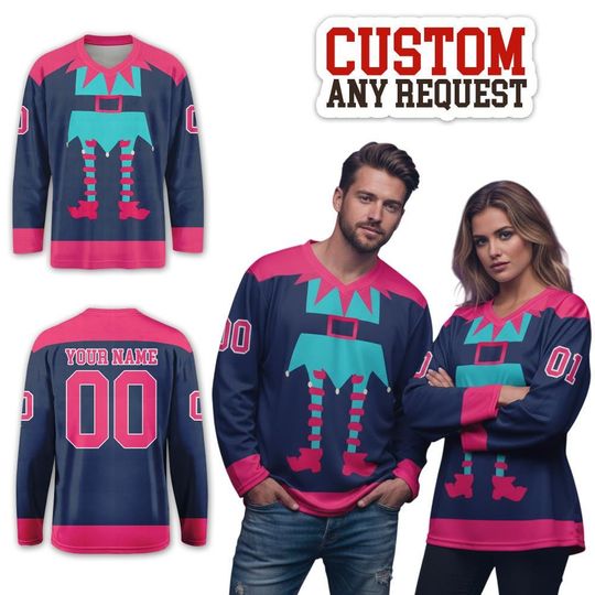 Discover Funny Custom Name Number Cosplay Elf Christmas Vneck Jersey, Xmas Gift Ice Hockey Jersey, Christmas For Family