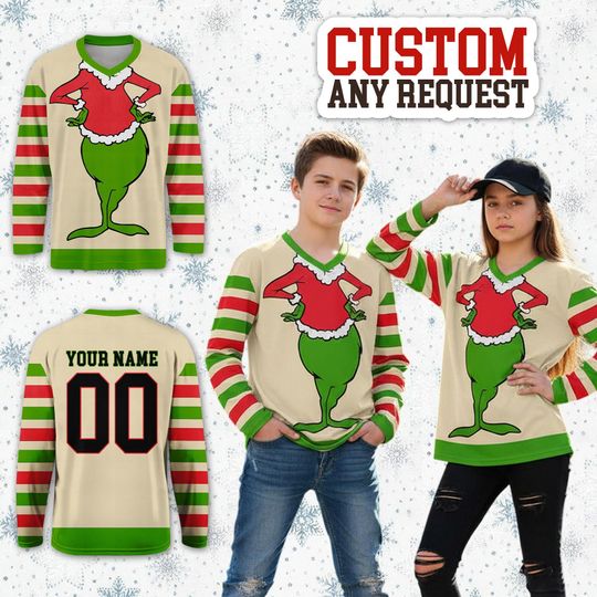 Funny Green Character Christmas Movie Costume Ice Hockey Jersey, Custom Name Number Long Sleeve Jersey