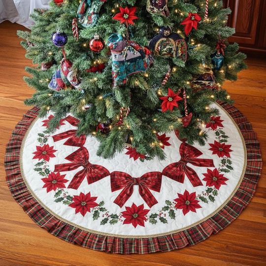 Discover Poinsettia Christmas Tree Skirt White Plaid Bow Applique, Red Green Holiday Decor, Traditional Quilted Xmas Tree Skirt