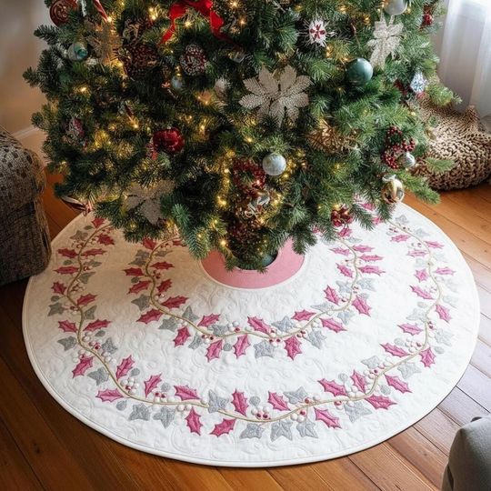 Discover Pink Holly & Ivy Christmas Tree Skirt, Quilted Berry Wreath Holiday Decor, White Pink Silver Xmas Tree Skirt, Elegant Modern Home Gift