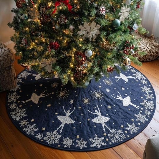 Midnight Waltz Christmas Tree Skirt, Navy Blue & Gold Ballerina Snowflake Embroidery, Elegant Holiday Decor, Dance Theme Xmas