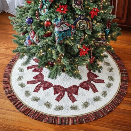Discover Snowflake Christmas Tree Skirt White Plaid Bows Pine Sprig Applique, Red Green Holiday Decor, Winter Xmas Tree Skirt