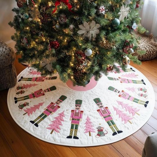 Pink Enchanted Forest Christmas Tree Skirt, Nutcracker Soldier Pink Tree Quilted Decor, Whimsical Xmas Tree Skirt, Modern Ballet Gift