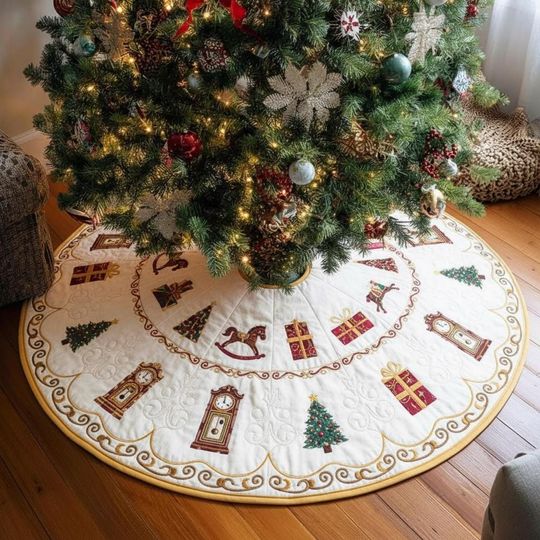Discover Cozy Grandfather Clock Christmas Tree Skirt, Rocking Horse and Gift Box Xmas Decor, Traditional Holiday Decoration