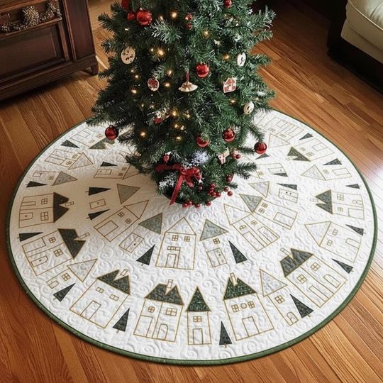 Modern Geometric Village Christmas Tree Skirt, Minimalist White & Gold House Quilted Decor, Contemporary Xmas Tree Skirt, Unique Home Gift