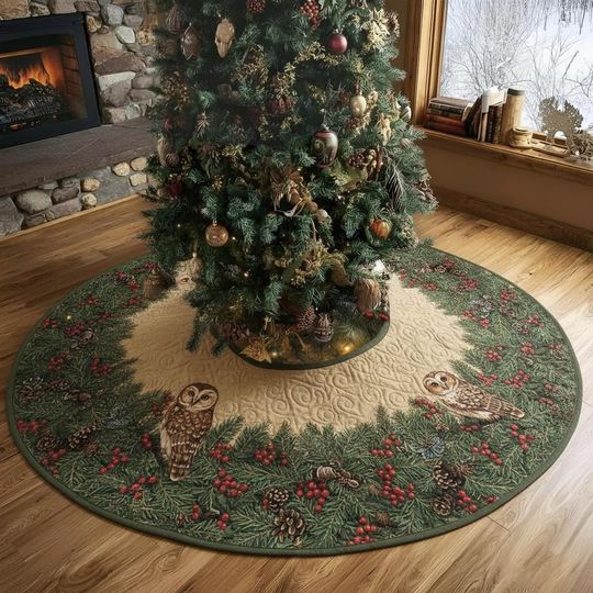 Discover Winterberry Wreath Christmas Tree Skirt, Green Holly Pinecone Owl Quilted Decor, Rustic Nature Xmas Tree Skirt, Cabin Home Gift Idea